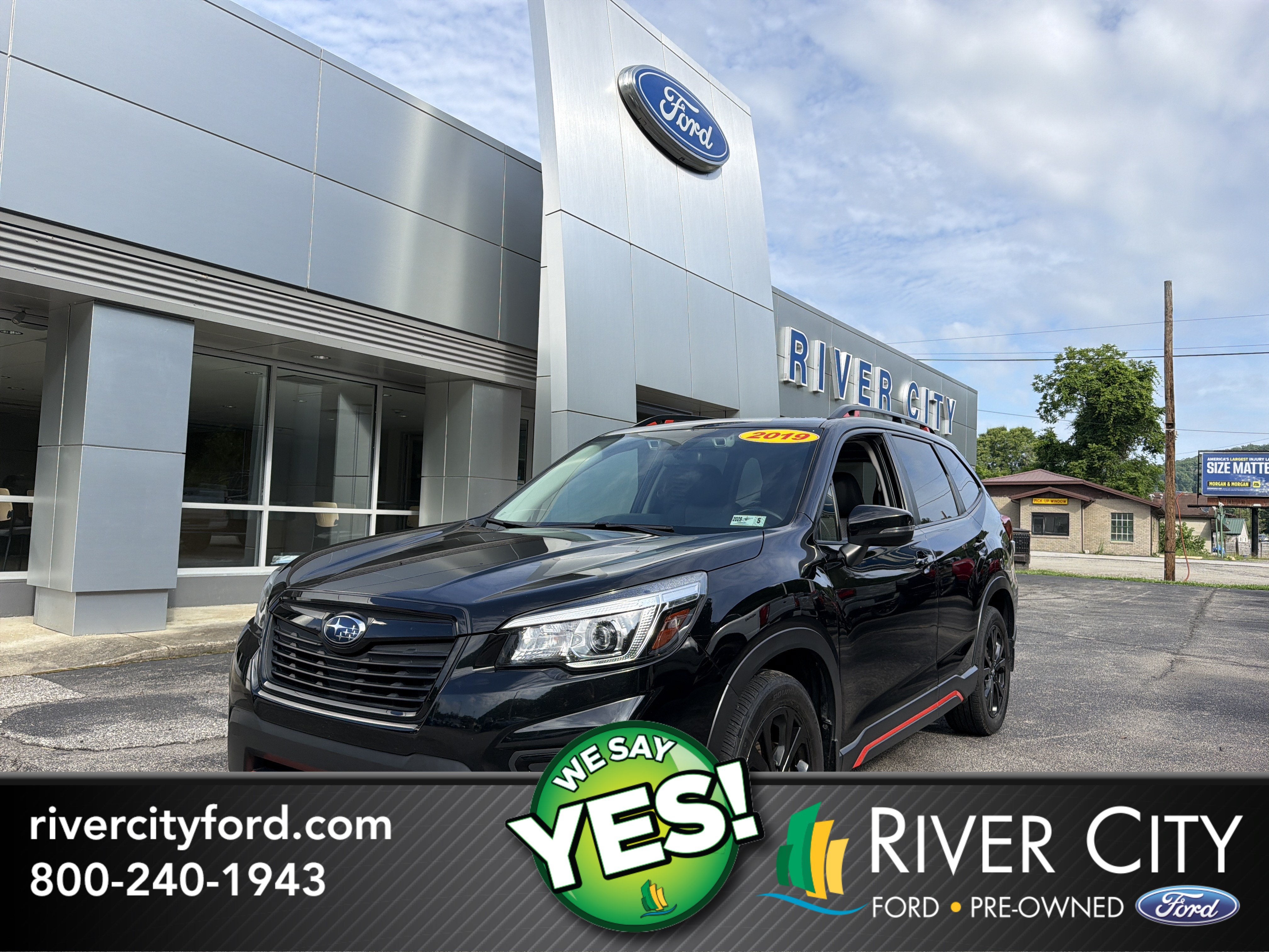 2019 Subaru Forester Sport in Crystal Black Silica — front three-quarter view